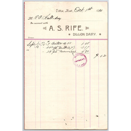 Dillon MT A.S. Rife Dillon Dairy 1890 44 1/2 Quarts Milk Billhead R.C. Halliday*