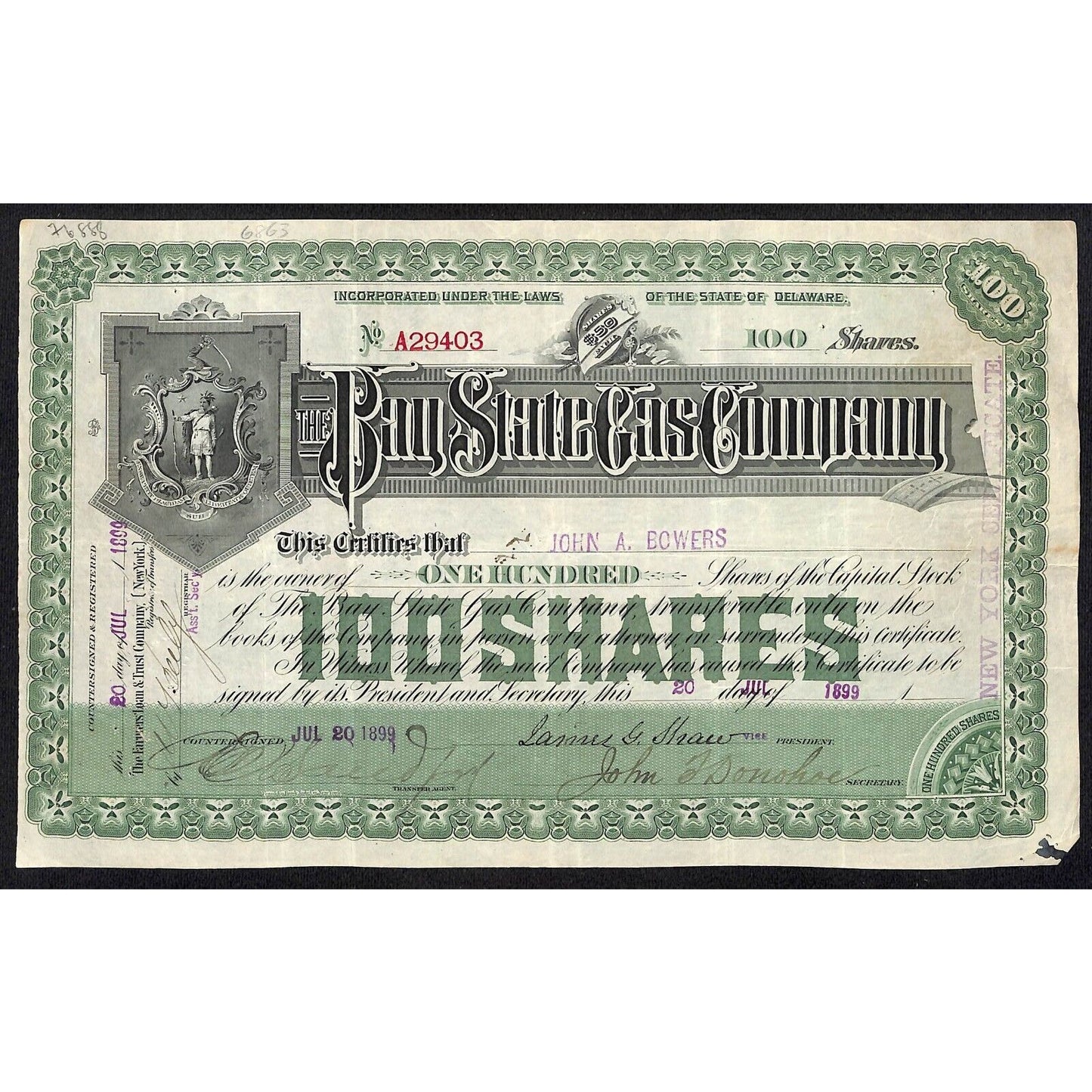 Bay State Gas Company Delaware 1899 Stock Certificate John A. Bowers Green