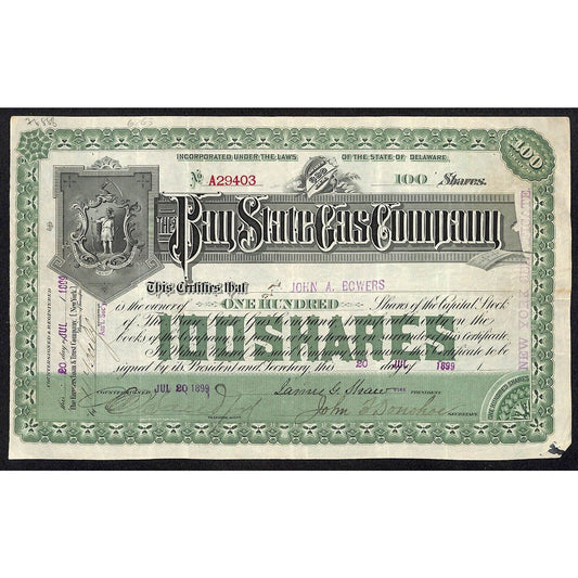 Bay State Gas Company Delaware 1899 Stock Certificate John A. Bowers Green