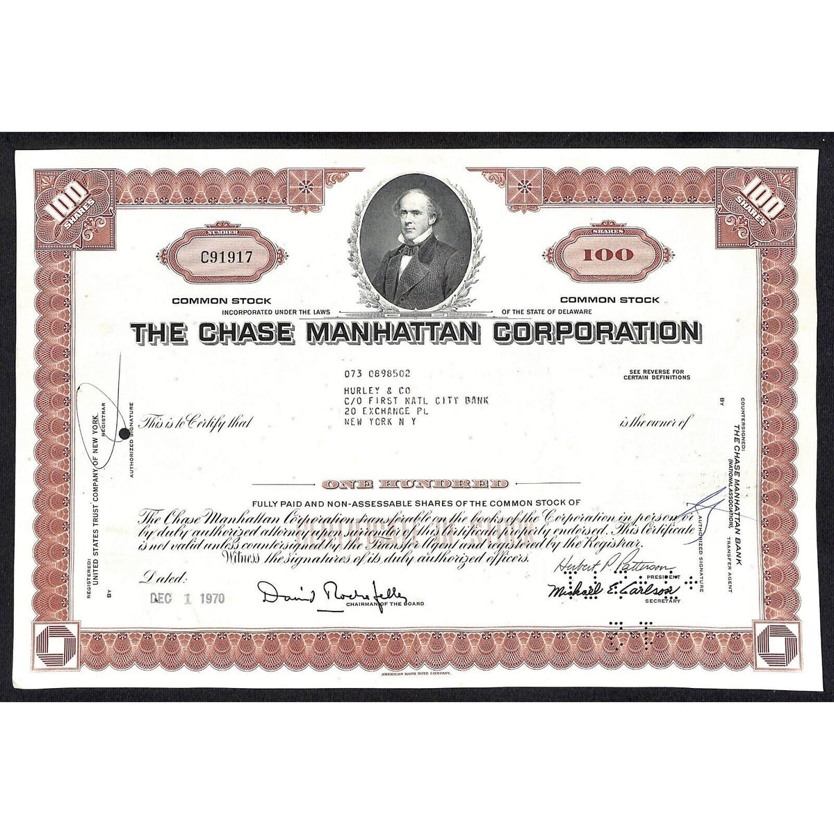 Chase Manhattan Corp 1970 Stock Certificate Hurley & Co. Early Logo* VGC