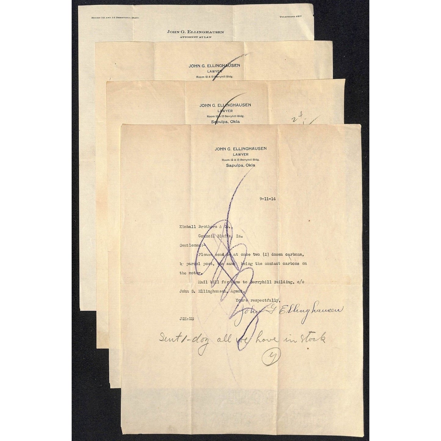 5 1911-1915 Letterheads John G. Ellinghausen Lawyer to Kimball Bros. Elevator