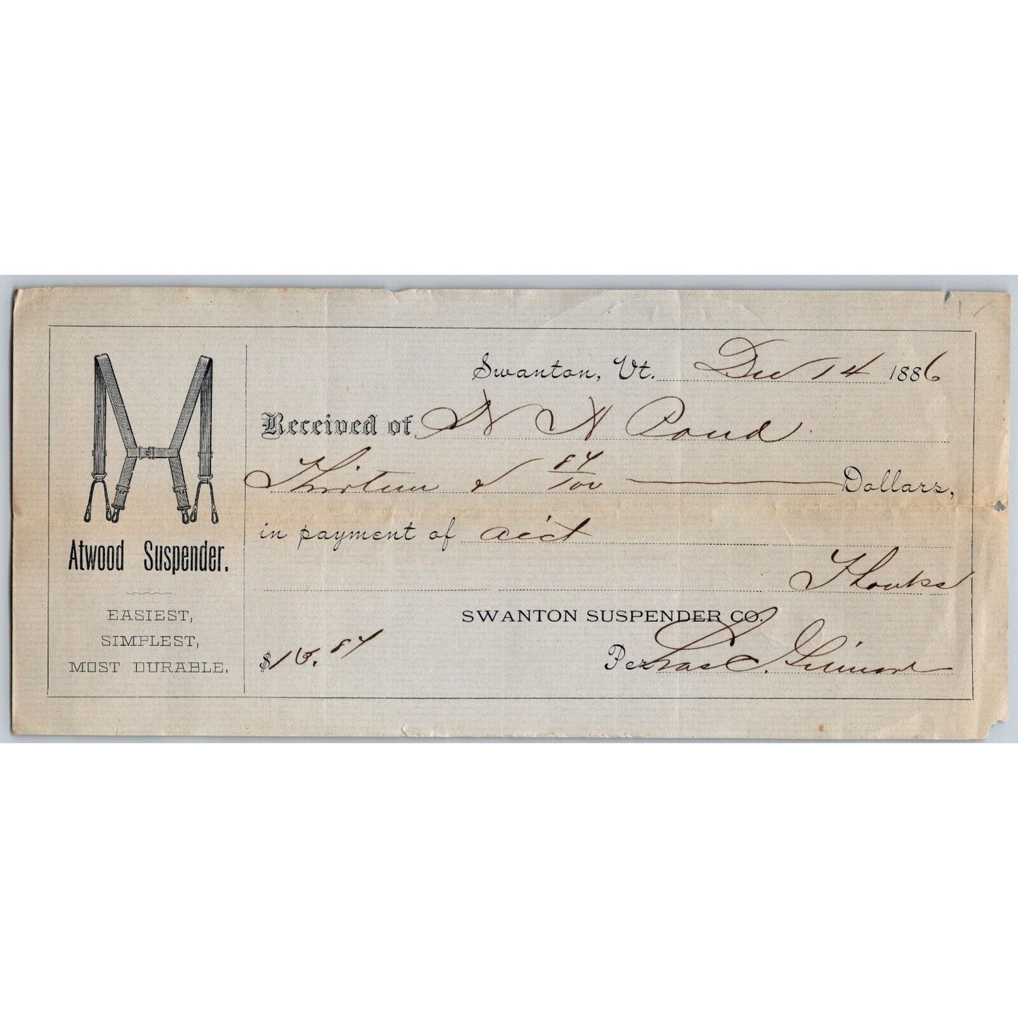 Atwood Suspender Co. Swanton, VT 1886 Receipt Scarce Laid Paper Vignette