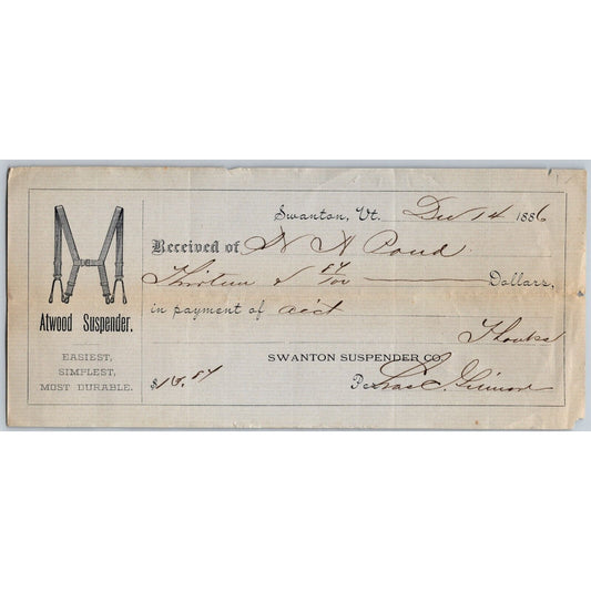Atwood Suspender Co. Swanton, VT 1886 Receipt Scarce Laid Paper Vignette