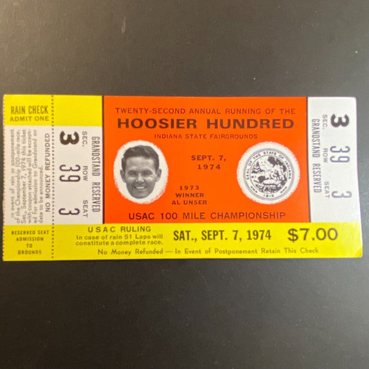 1974 Hoosier Hundred Ticket USAC 100 Mile Championship Grandstand Seat 3 VGC