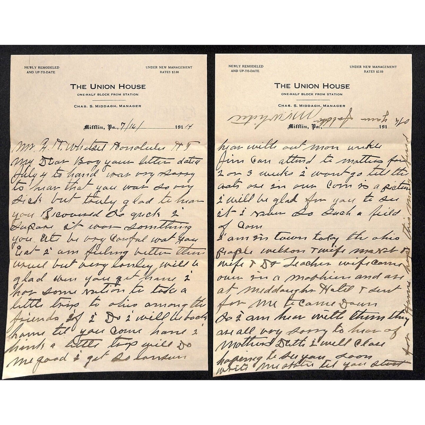 1914 The Union House Hotel Mifflin, PA 2pp ALS + Real Photo Cover