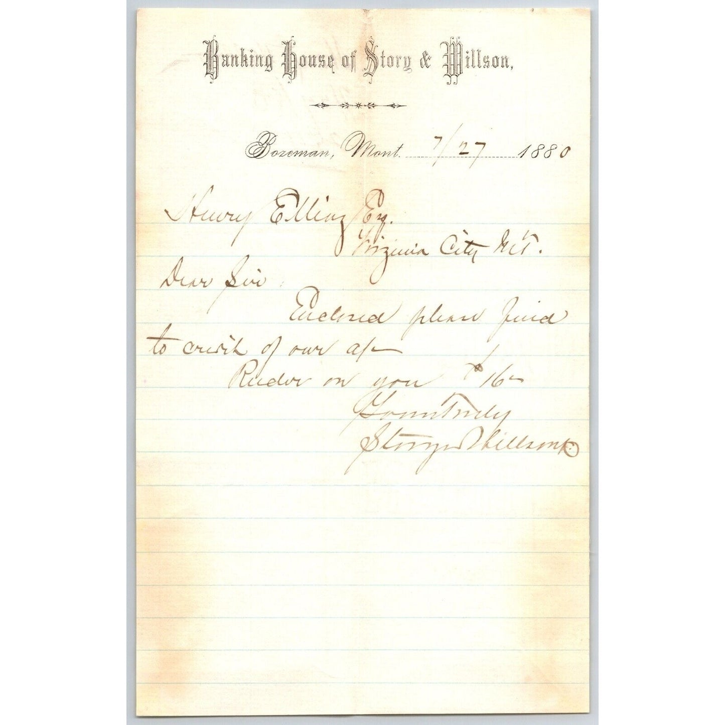 Banking House of Story & Nelson Bozeman, MT 7/27 1880 Letterhead Henry Elling*