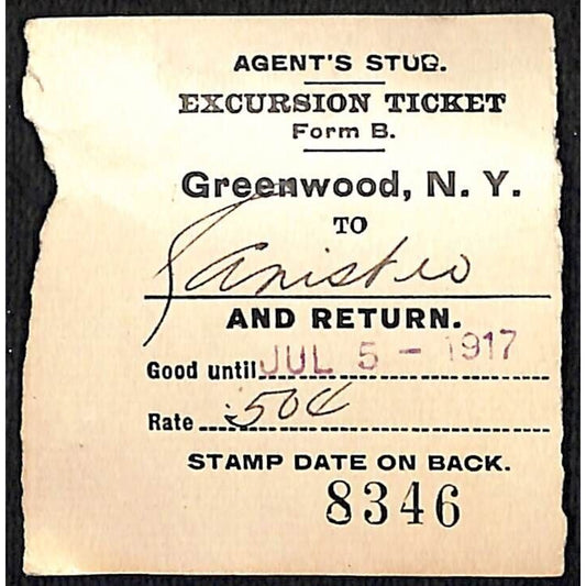 New York & Pennsylvania Ry 1917 Greenwood, NY Excursion Ticket Stub #8346