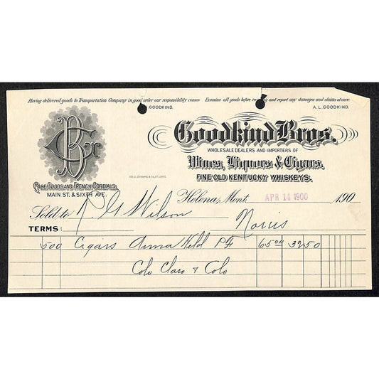 Goodkind Bros. Wines Liquors Cigars 1900 Helena, MT Billhead (#5)