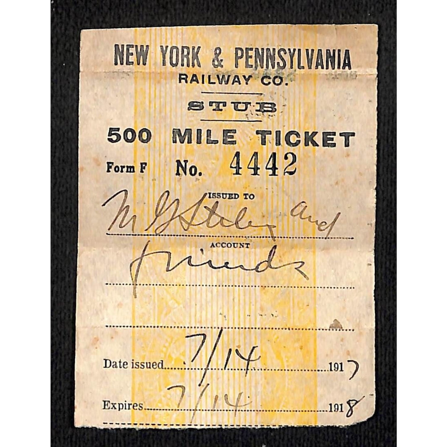 New York & Pennsylvania Ry 1917 500 Mile Ticket Stub #4442