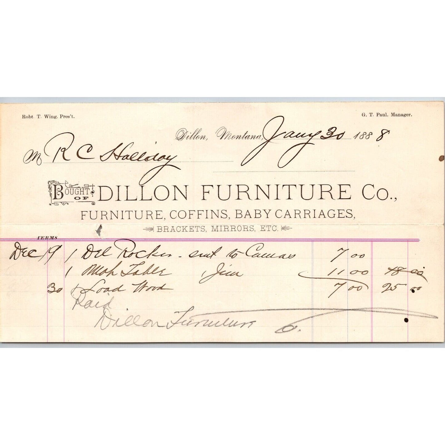 Dillon MT Dillon Furniture 1888 Coffins Baby Carriage Billhead R.C. Halliday*