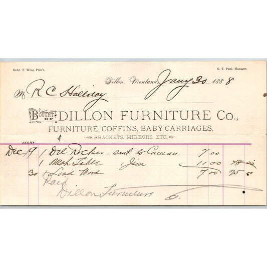 Dillon MT Dillon Furniture 1888 Coffins Baby Carriage Billhead R.C. Halliday*