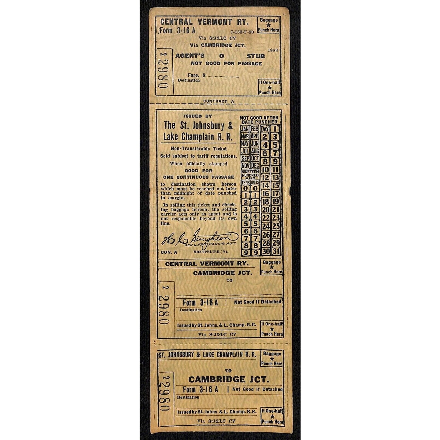 St. Johnsbury & Lake Champlain R.R. Cambridge Jct. Ticket (2900's) c1941