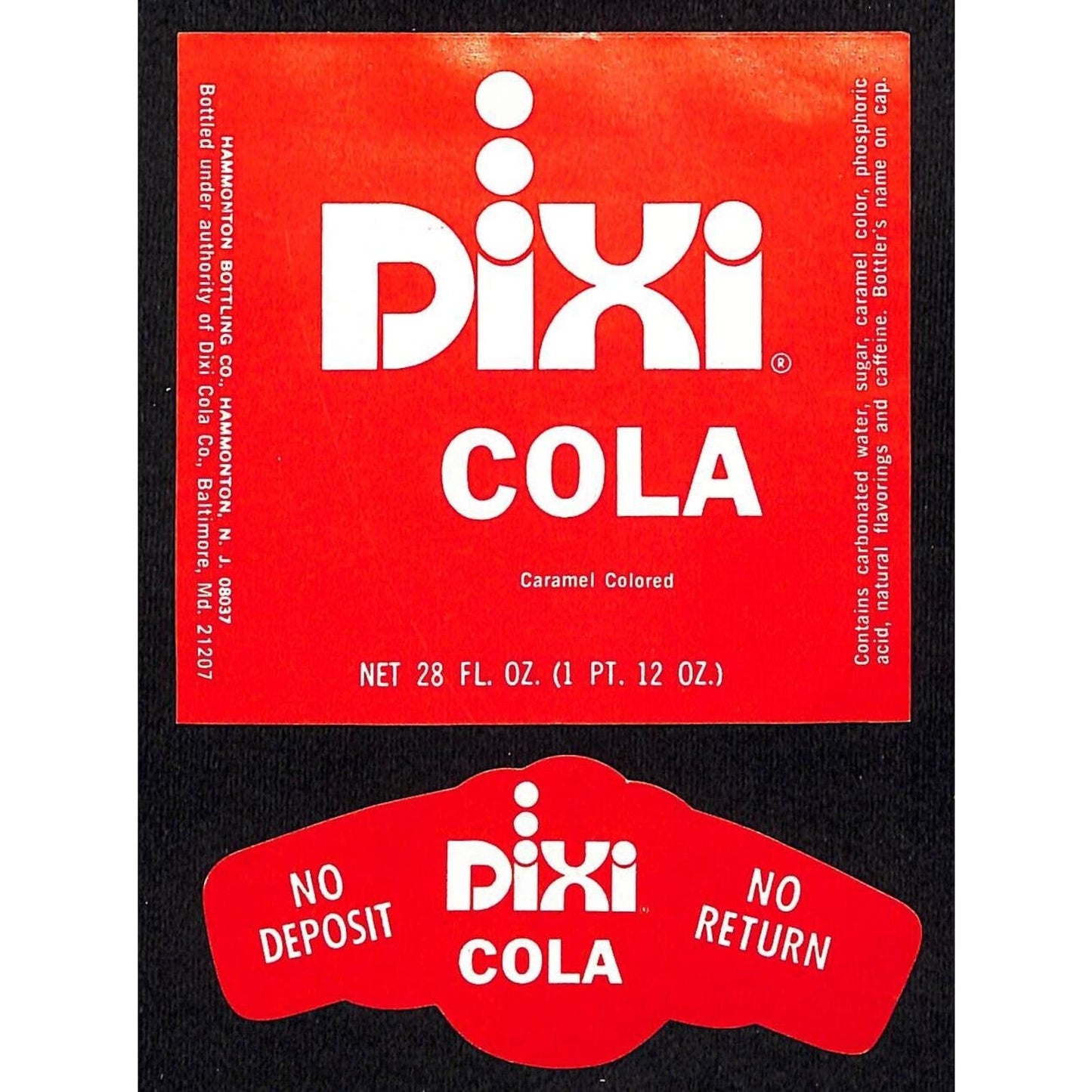 Dixi Cola Paper Label Set Monmouth Bottling Co. NJ c1965-75