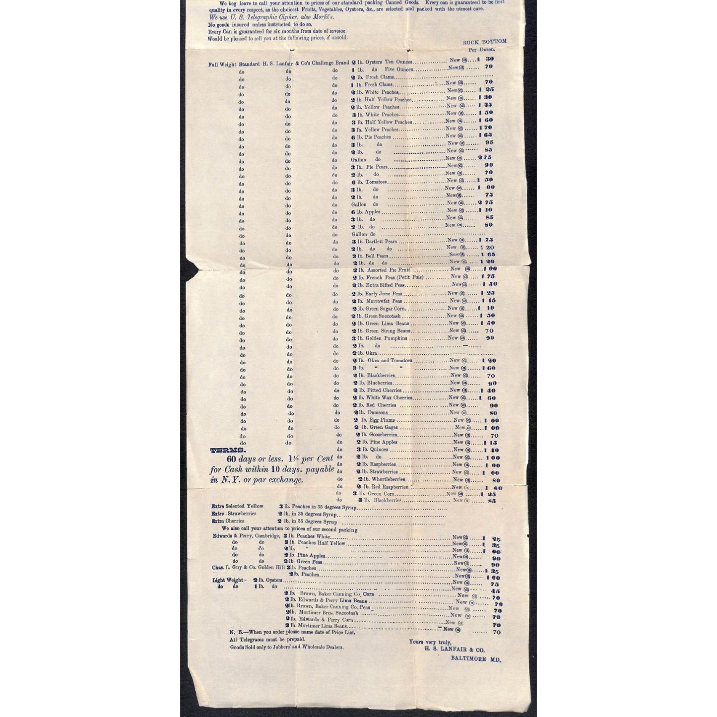 H.S. Lanfair & Co Baltimore Oyster & Fruit Packers 1893 Whsle Price Sheet Scarce