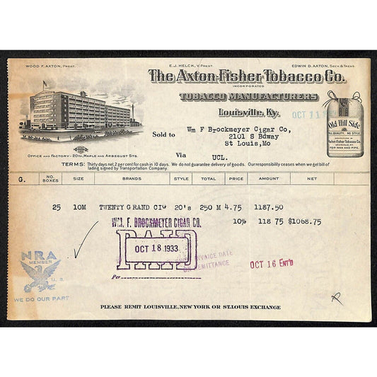 Louisville, KY The Axton-Fisher Tobacco Co. "Old Hill Side" 11/11 1933 Billhead