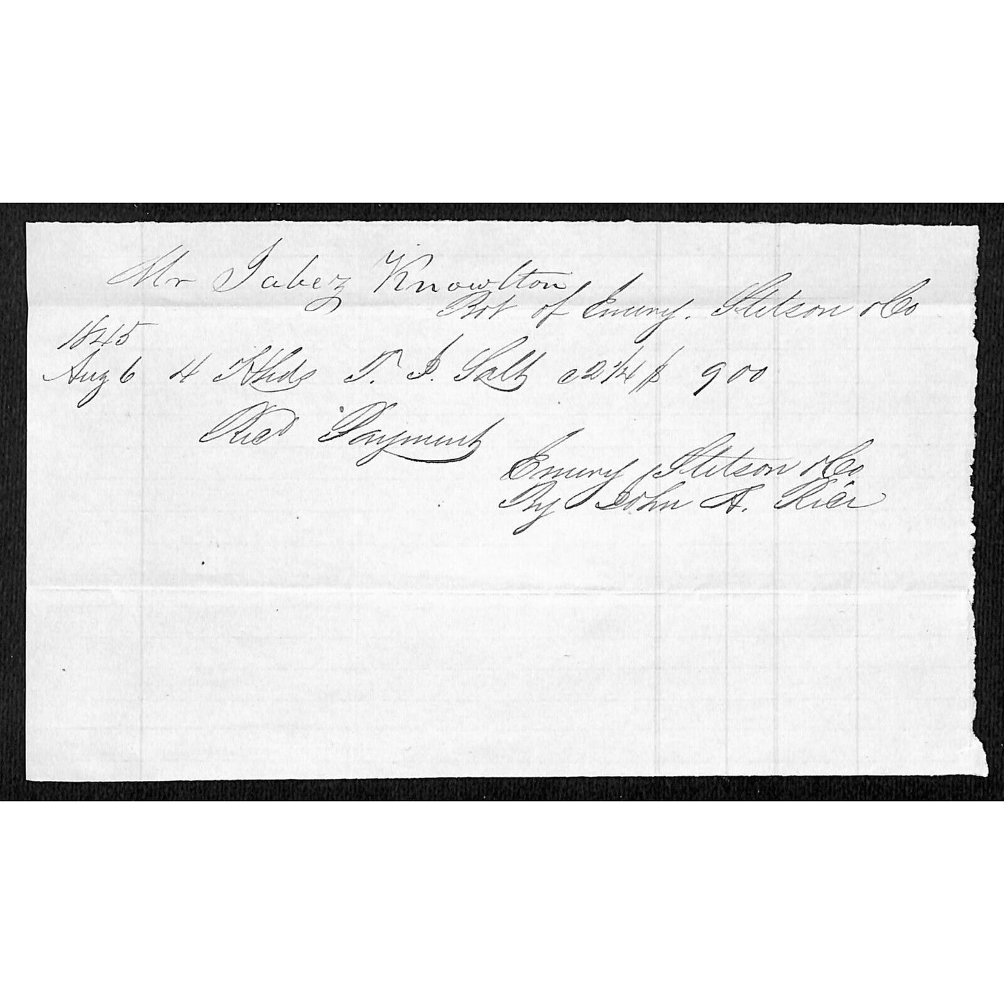 1845 Jabez Knowlton* Newburgh, ME General Store Sales Receipt