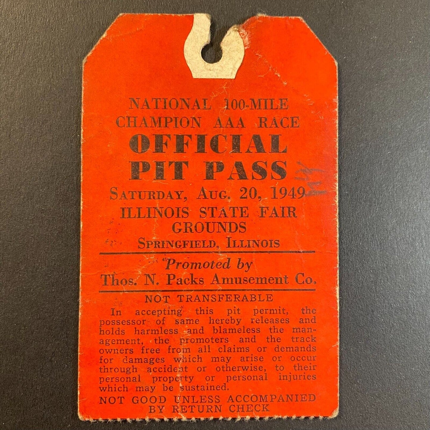 1949 Illinois State Fair AAA "Official Pit Pass" 100-Mile Champion Race 8/20