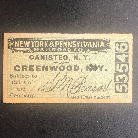 New York & Pennsylvania Railroad July 14 1917 Greenwood, NY Ticket #53546