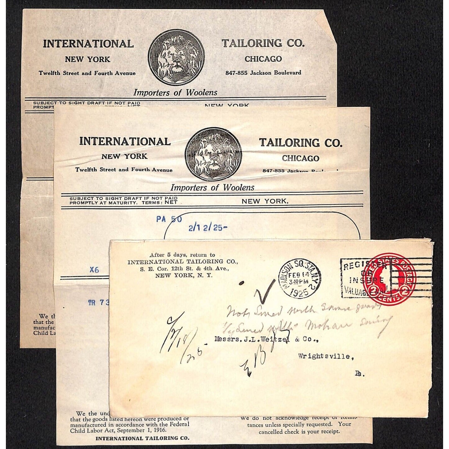 International tailoring Co. 12th St. & Fourth Ave NYC 1925 2 Billheads + Cover