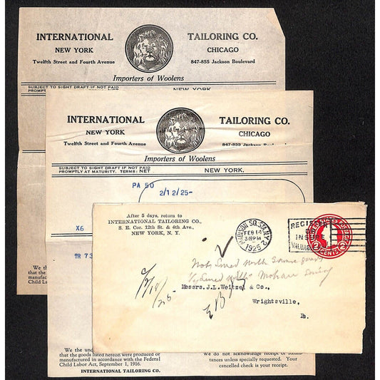 International tailoring Co. 12th St. & Fourth Ave NYC 1925 2 Billheads + Cover