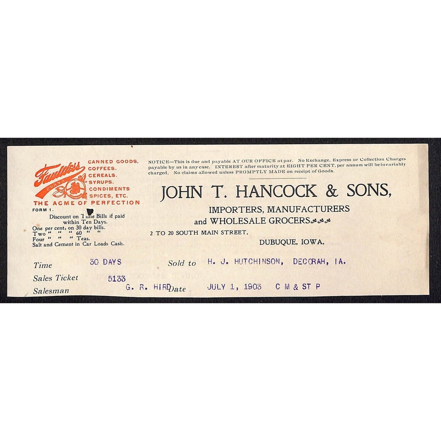 John T Hancock & Sons Dubuque Grocers Hutchinson Decorah* July 1903 Cut Billhead