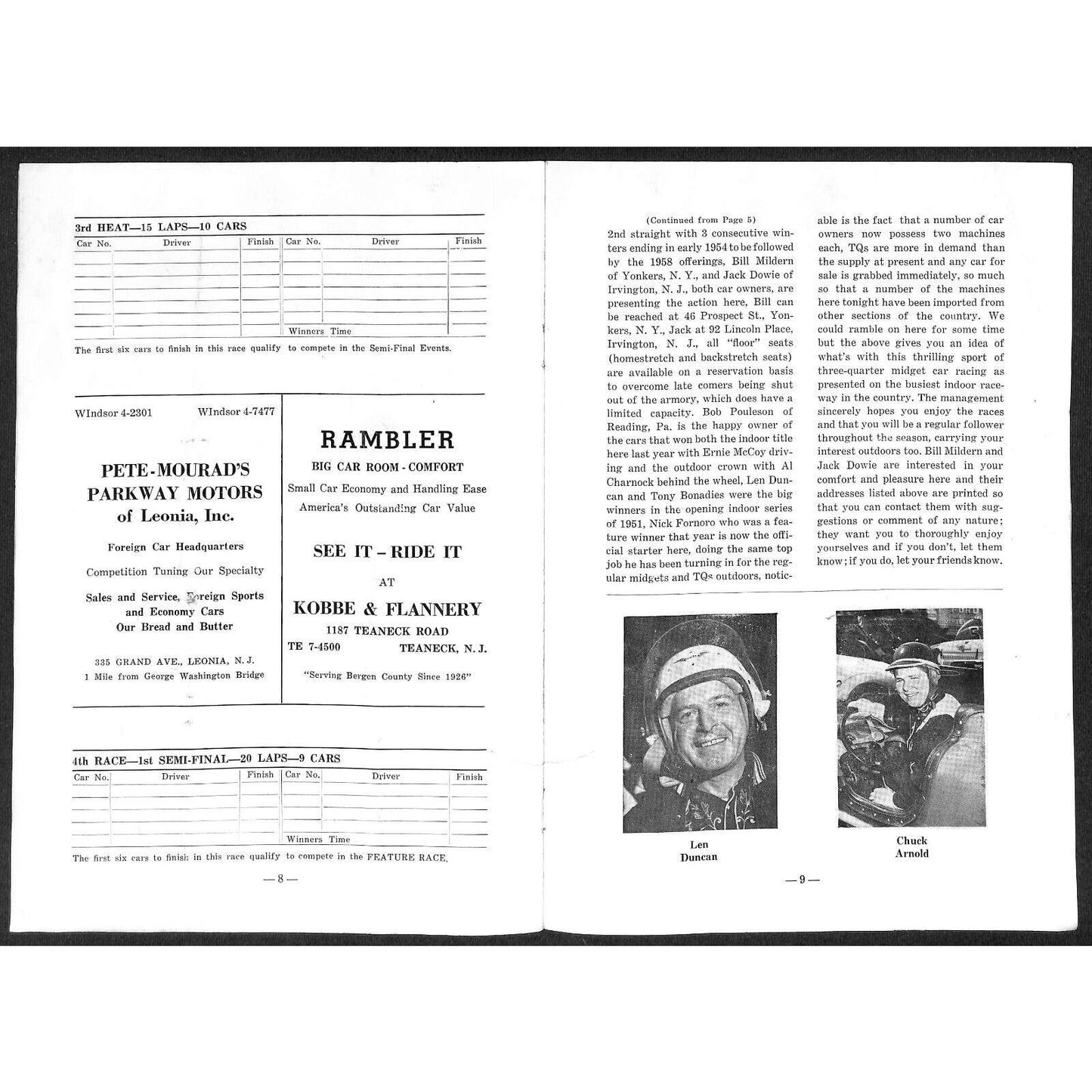 Teaneck Armory 1959 Season Sat Night Midget Race Auto Racing Program 8pp* Scarce