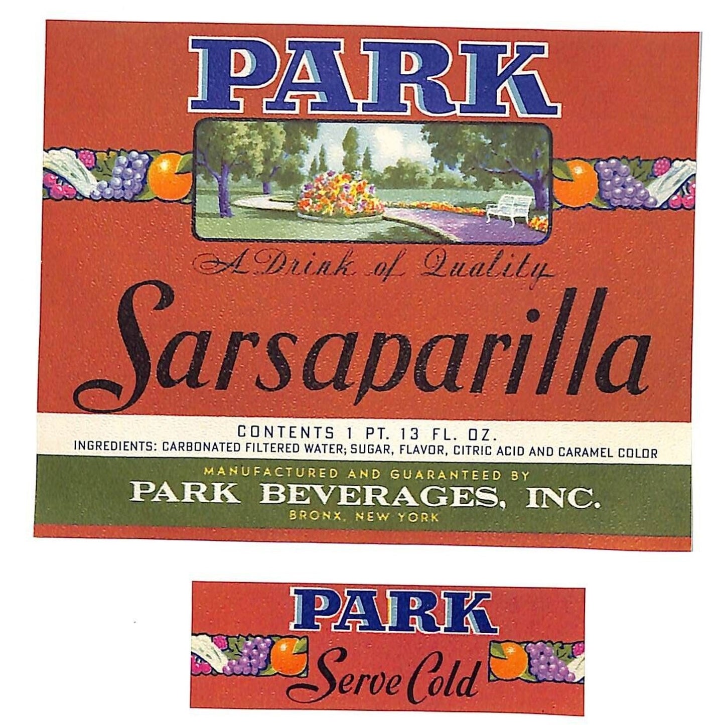 Park Sarsaparilla Bottle Label Set Park Beverages Bronx, NY c1940's-50's Scarce