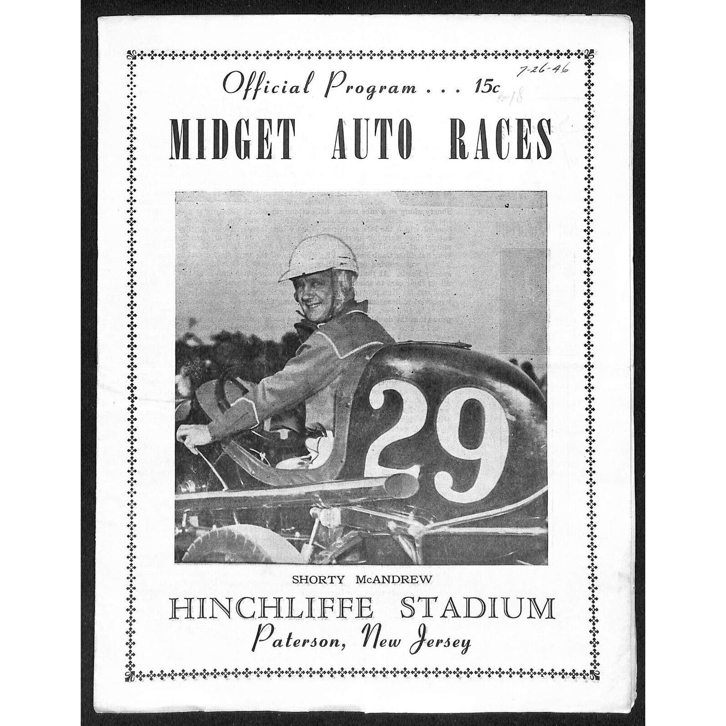 Hinchliffe Stadium Midget Auto Races 7/26/1946 Program Shorty McAndrew 4pp