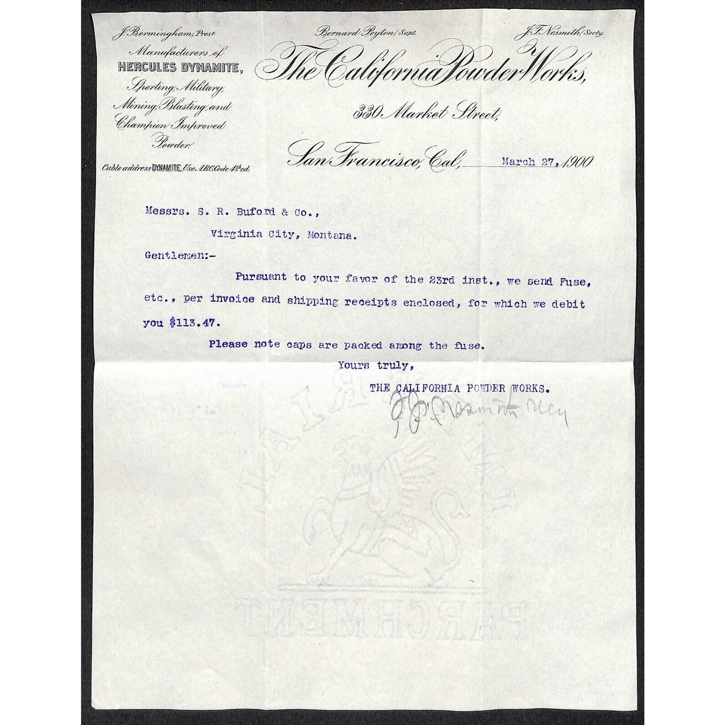 California Powder Works Hercules Dynamite 3/27 1900 Letterhead S.R. Buford*