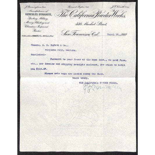 California Powder Works Hercules Dynamite 3/27 1900 Letterhead S.R. Buford*