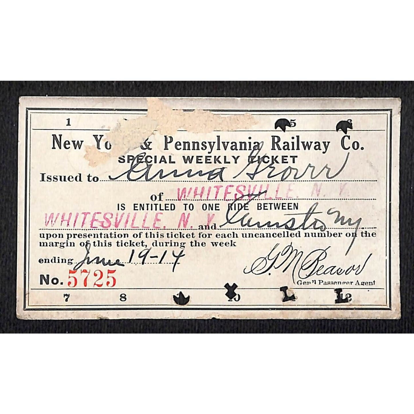 New York & Pennsylvania Ry 1914 Special Weekly Ticket Scarce #5725