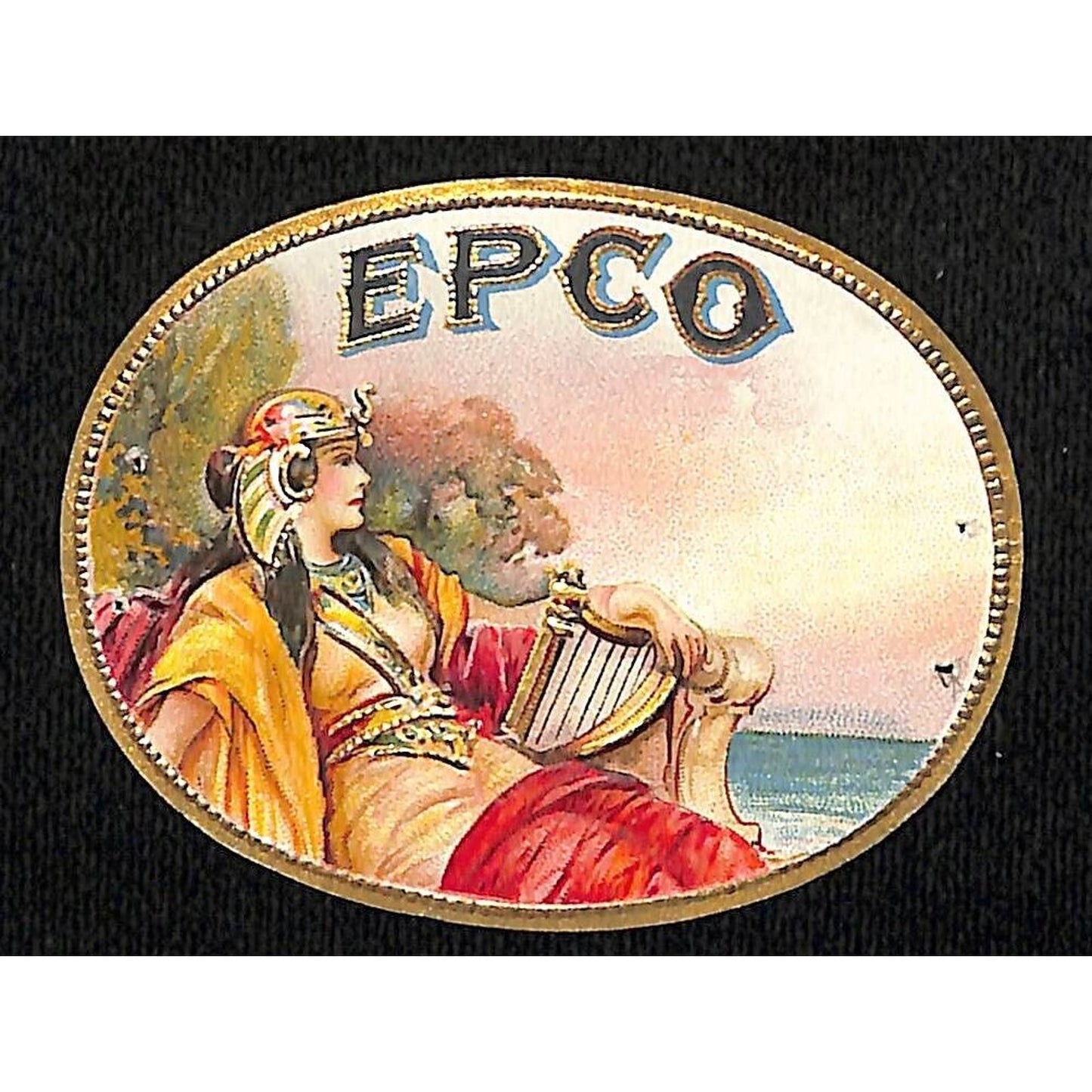 EPCO Cigar Box Label Gilt & Embossed Border Woman w/ Harp 2 7/8"