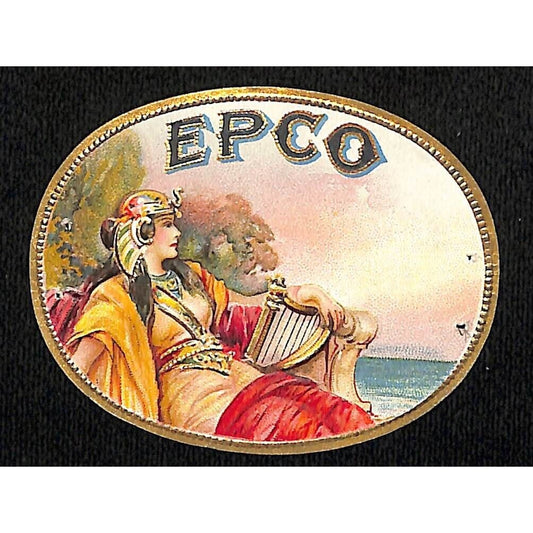 EPCO Cigar Box Label Gilt & Embossed Border Woman w/ Harp 2 7/8"