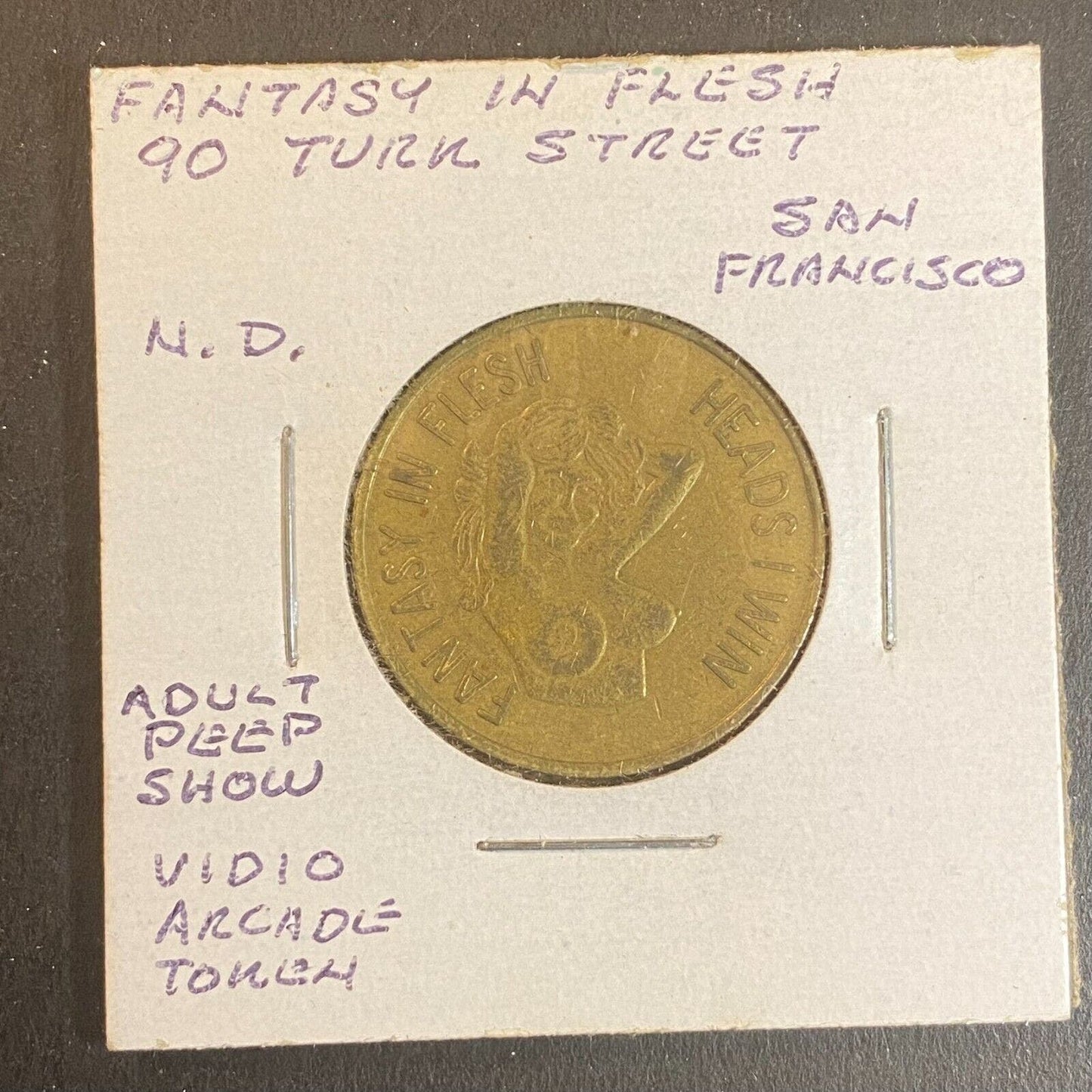 Fantasy in Flesh San Francisco Peep Show Token Brass c1983 25mm Heads / Tails