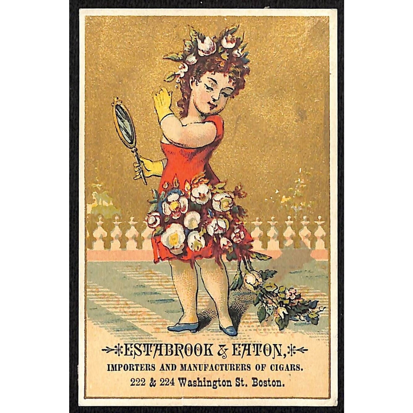 Estabrook & Eaton Cigars Boston Victorian Trade Card Girl Wear Dress of Flowers