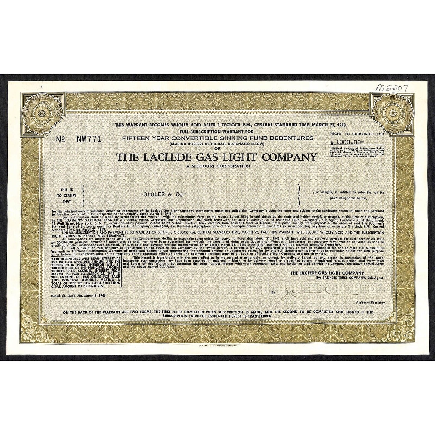 Laclede Gas Company Missouri 1948 Debenture Certificate Sigler & Co. #771