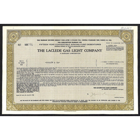 Laclede Gas Company Missouri 1948 Debenture Certificate Sigler & Co. #771
