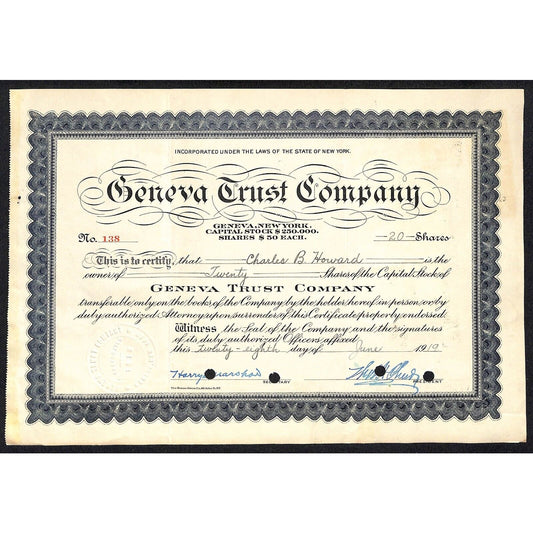 Geneva Trust Company NY 1919 Stock Certificate to Charles B. Howard #138 Tax
