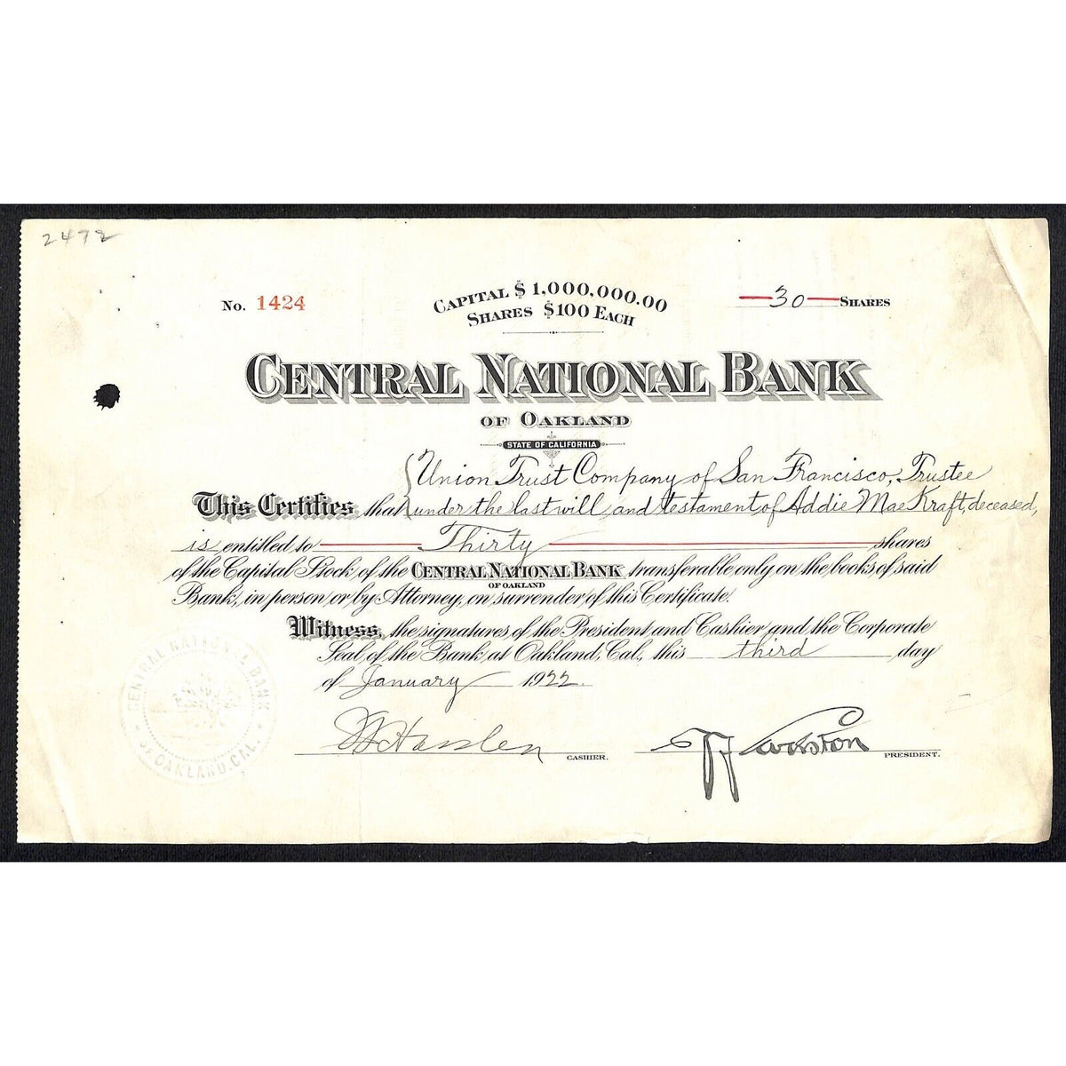 Central National Bank of Oakland 1922 Stock Certificate #1424 Very Scarce