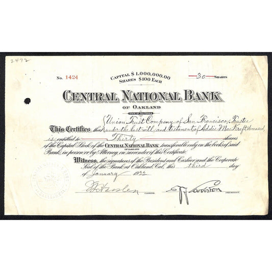 Central National Bank of Oakland 1922 Stock Certificate #1424 Very Scarce