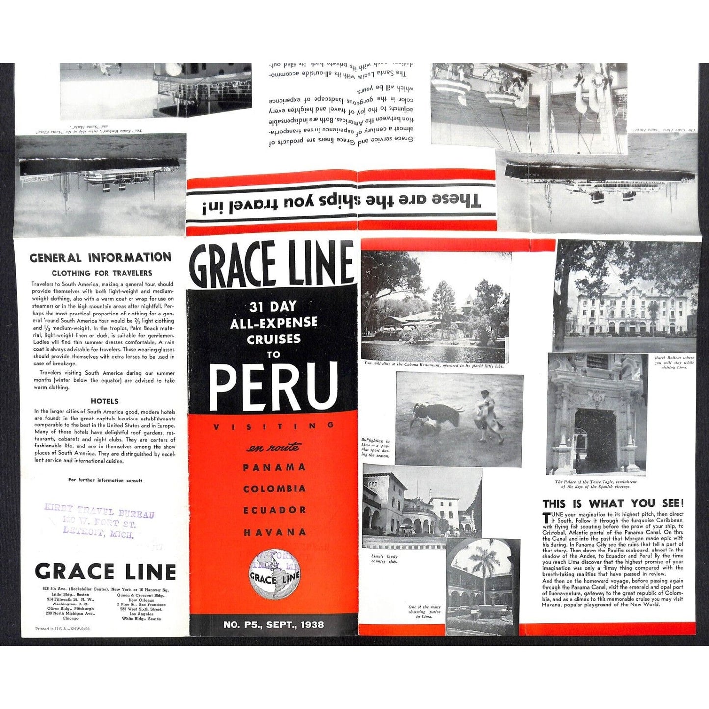 Grace Line Ocean Liner 31 Day Cruises to Peru 1938 16" x 18" Brochure