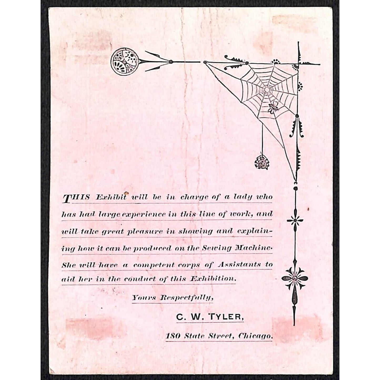 C.W. Tyler Chicago (Rothschild Bros.* ?) Exhibit Victorian Trade Card Peacock