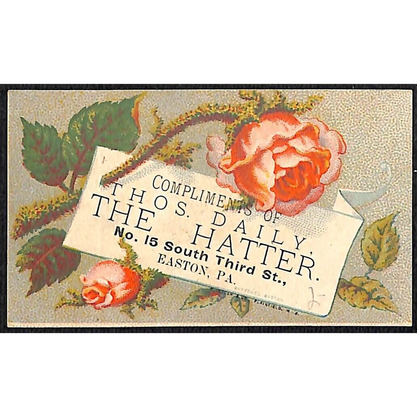 Easton, PA Thos. Daily "The Hatter" Victorian Trade Card Roses VGC