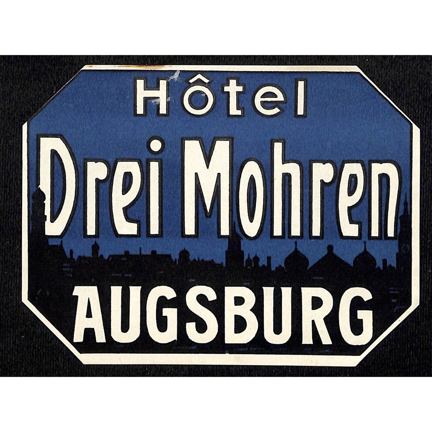 Hotel Drei Mohren Augsburg Night Skyline Original Luggage Label c1930's Scarce