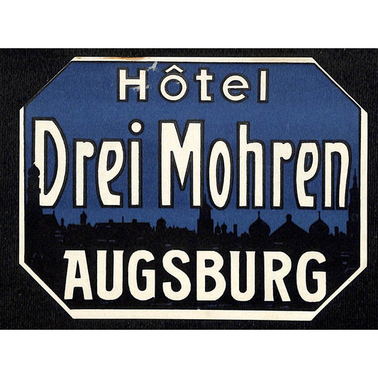 Hotel Drei Mohren Augsburg Night Skyline Original Luggage Label c1930's Scarce
