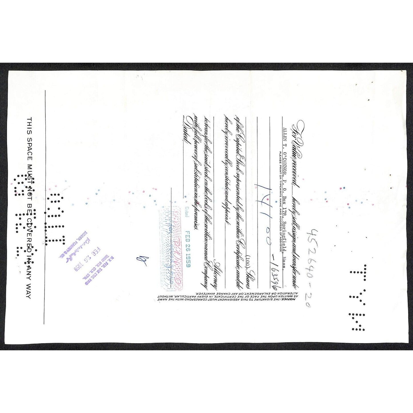 Irving Trust Company NY 1959 Stock Certificate to: Kidder, Peabody & Co.