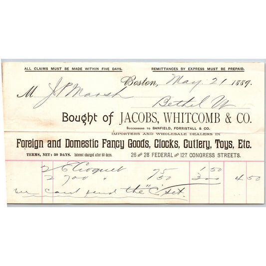 Jacobs, Whitcomb & Co. Fancy Goods Clocks Cutlery Boston, MA 1889 Billhead VG
