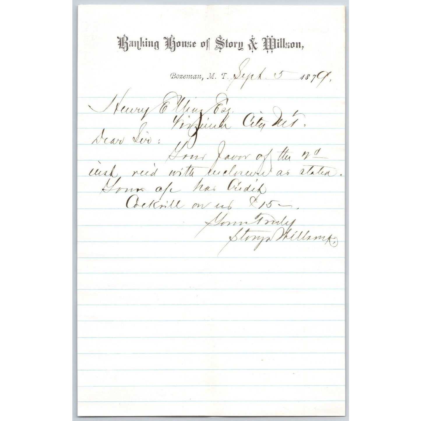 Banking House of Story & Nelson Bozeman, MT 9/5 1879 Letterhead Henry Elling*