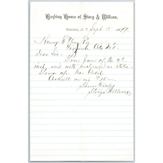 Banking House of Story & Nelson Bozeman, MT 9/5 1879 Letterhead Henry Elling*