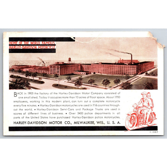Harley Davidson Milwaukee Factory Art Couple c1930's NP Postcard w/ Damage